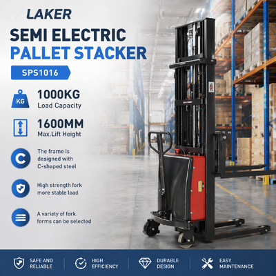 Labor Saving 1 ton 1.6m Semi Electric Stacker for Warehouse Pallet Handling